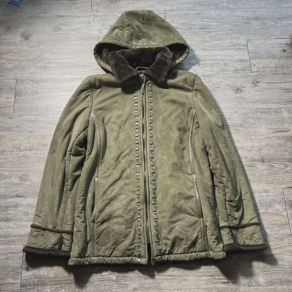 Vintage Y2K Opium Suede Style Jacket Medium Fuzzy Fur Hood Owens Green Brown - Picture 1 of 9